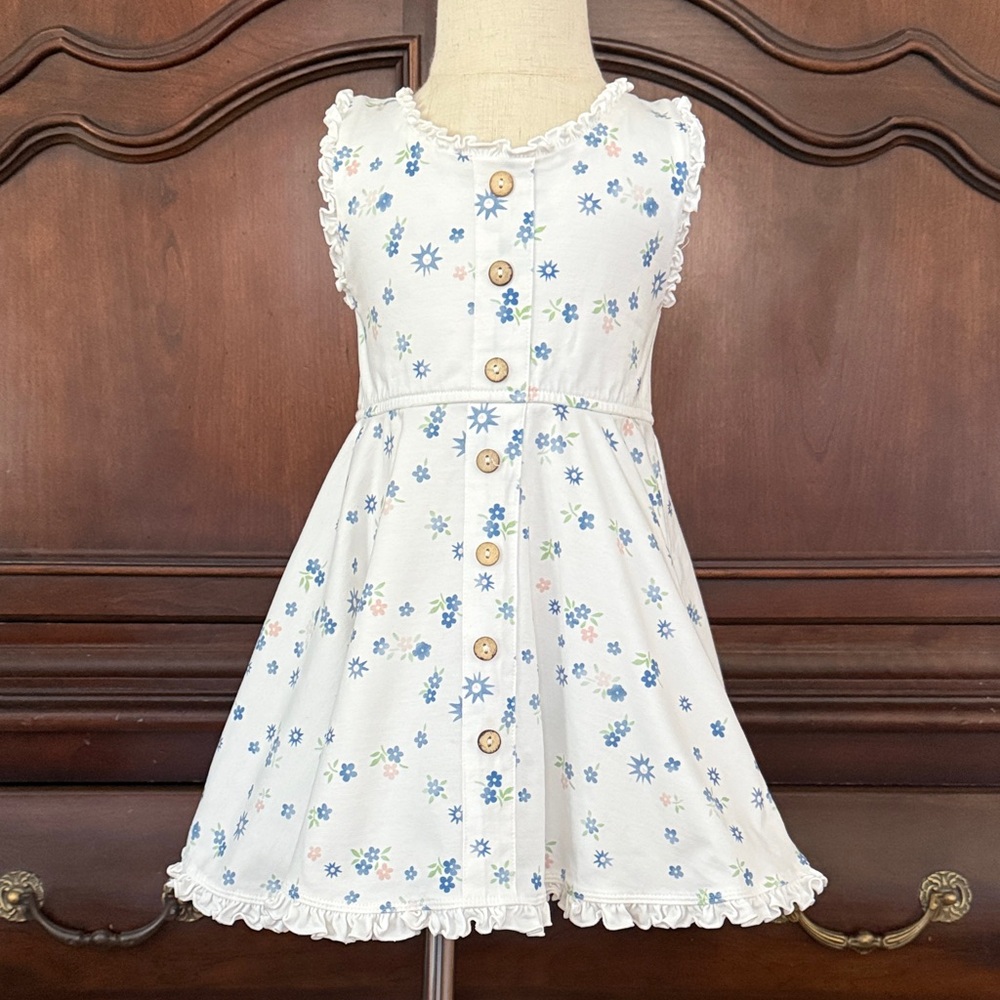 White Floral Button Front Dress Size 4 Blue Ditsy Print Ruffle Trim